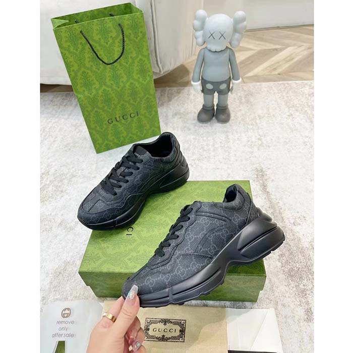 Gucci Unisex GG Rhyton Sneaker Black Supreme Canvas Rubber Lace-Up Mid Heel