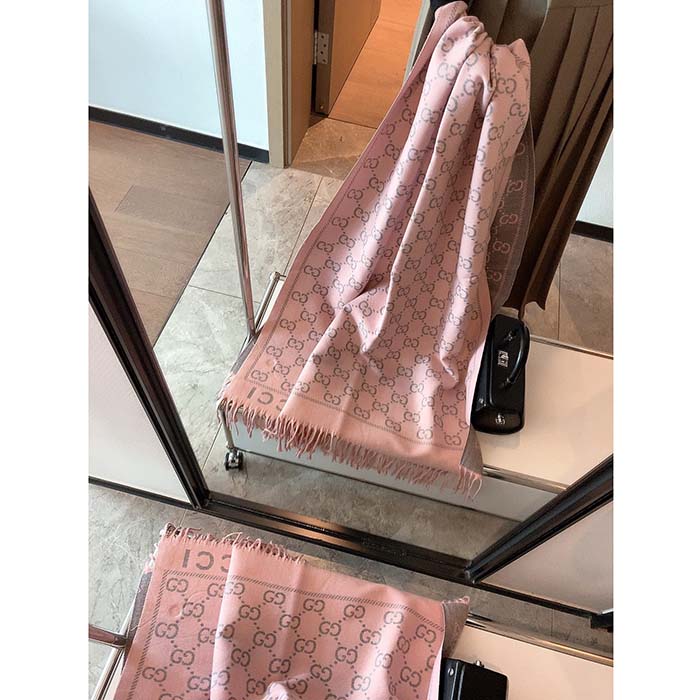Gucci Unisex GG Wool Scarf Beige Mini GG Lilac Tassel Detail