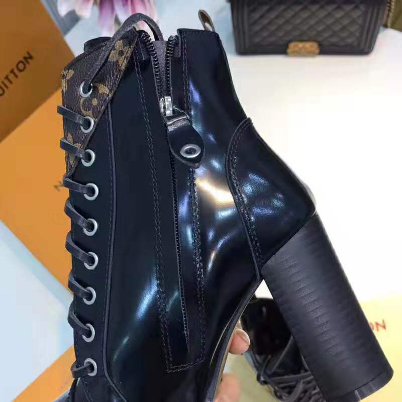 Louis Vuitton LV Women Star Trail Ankle Boot in Black Glazed Calf Leather with Monogram Canvas-Black