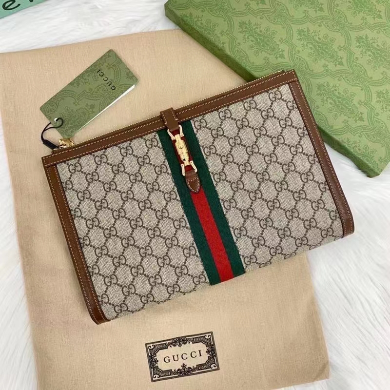 Gucci Unisex GG Jackie 1961 Pouch Beige Ebony GG Supreme Canvas Zipper Closure
