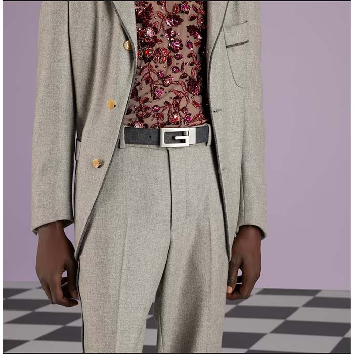 Gucci Unisex Reversible Belt Square G Buckle Black GG Supreme Canvas Reverses Leather