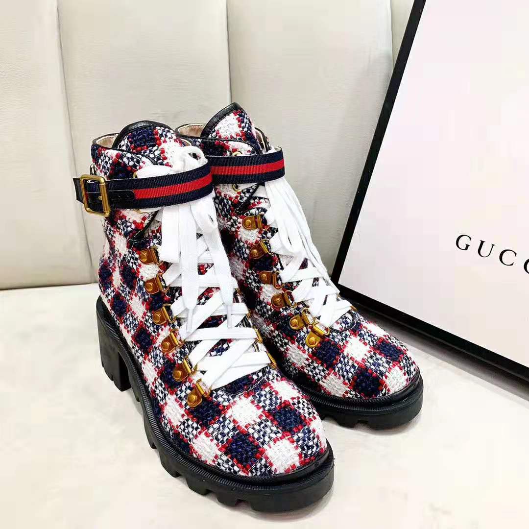 Gucci Women Gucci Zumi GG Check Tweed Ankle Boot in Blue White and Red