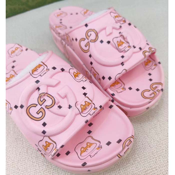 Gucci Unisex GG Animal Print Rubber Slide Sandal Pink Embossed Interlocking G Low Heel