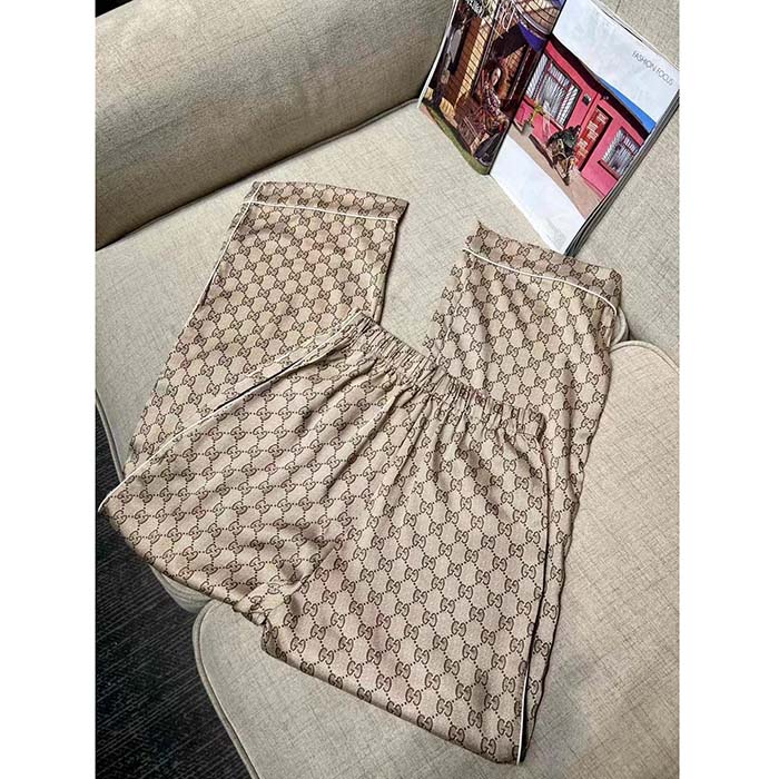 Gucci Women GG Supreme Silk Pant Beige Ebony Piped Unlined Elastic Waist Two Side Pockets Wide Leg