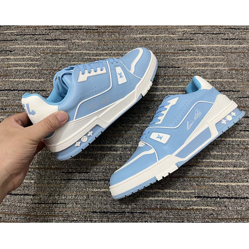 Louis Vuitton LV Unisex Trainer Sneaker Blue Mix Materials 54 Rubber Outsole Monogram Flowers