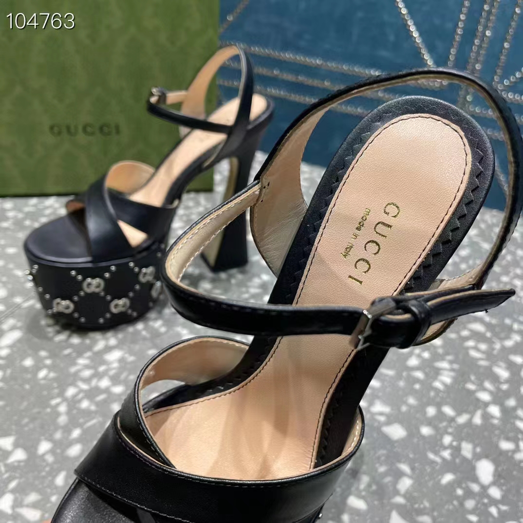 Gucci Women GG Interlocking G Studs Sandal Black Leather Spool High 15 Cm Heel