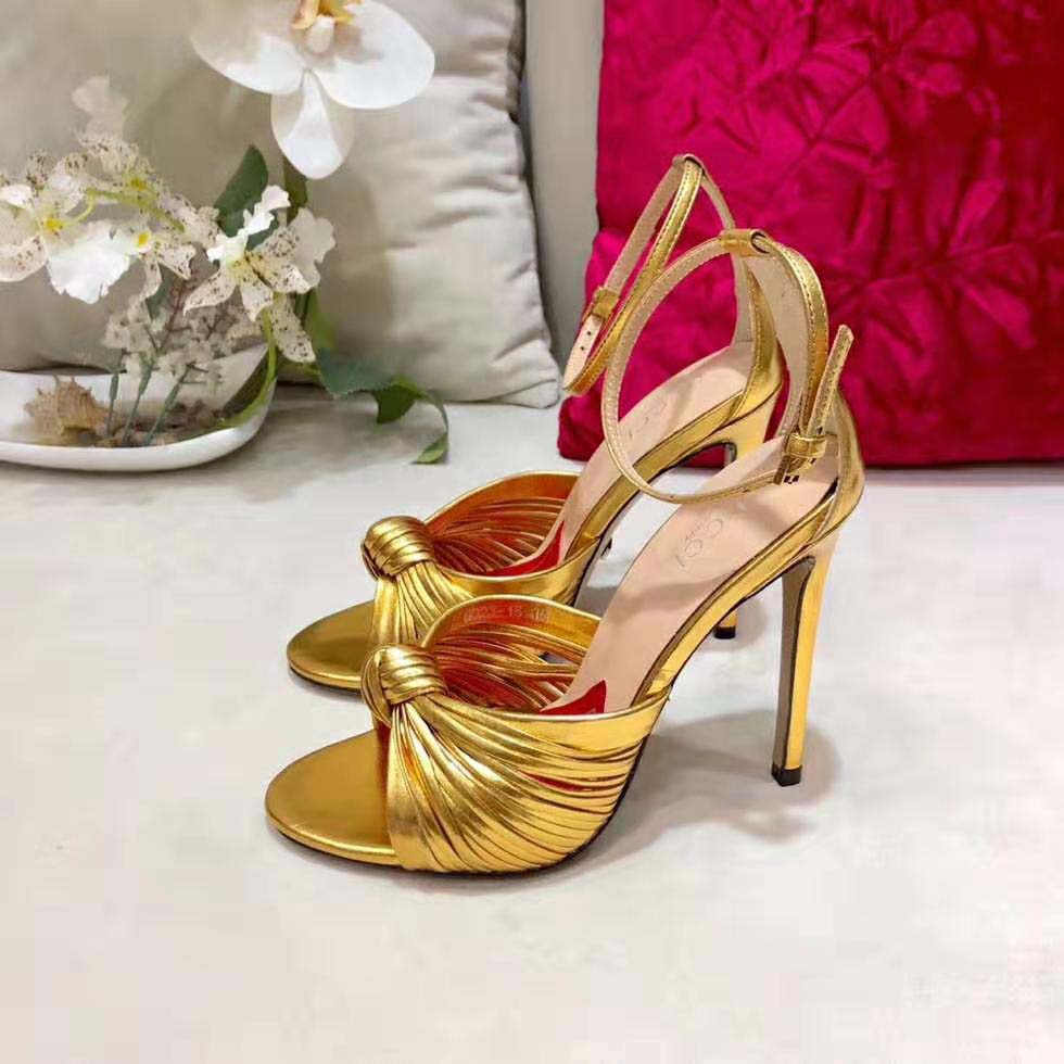 Gucci Women Metallic Leather Sandal in 10.4cm Heel Height-Gold