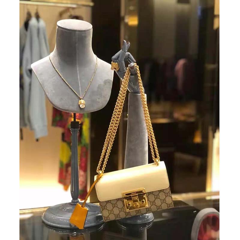 Gucci Women Padlock Small Shoulder Bag White Beige and Ebony GG Supreme Canvas