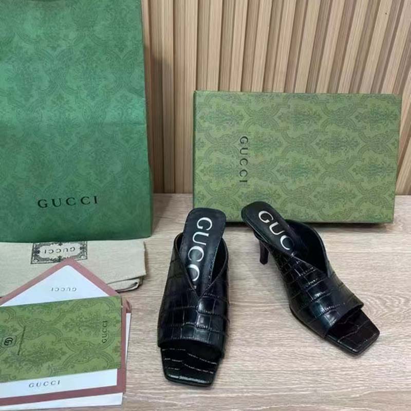 Gucci Women GG Crocodile Print Pump Black Square Toe Mid Heel