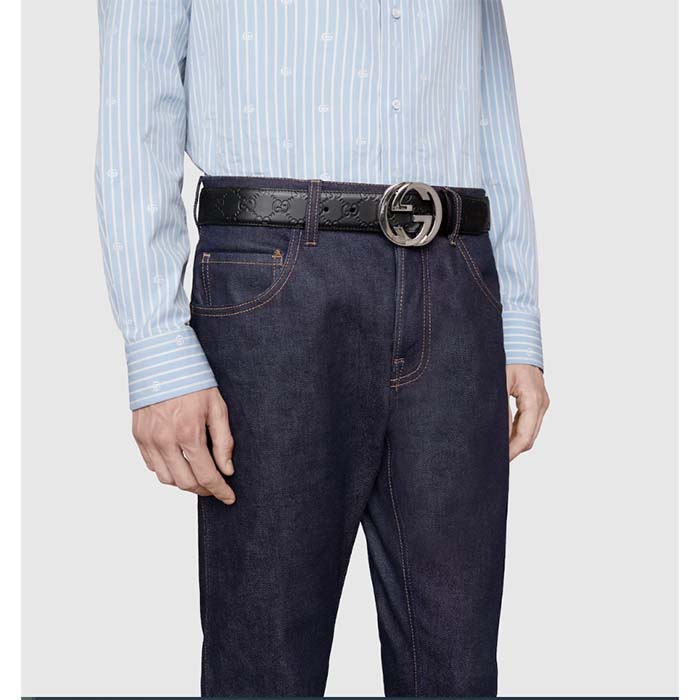 Gucci Unisex GG Signature Leather Belt Black Interlocking G Buckle 3.8 CM Width