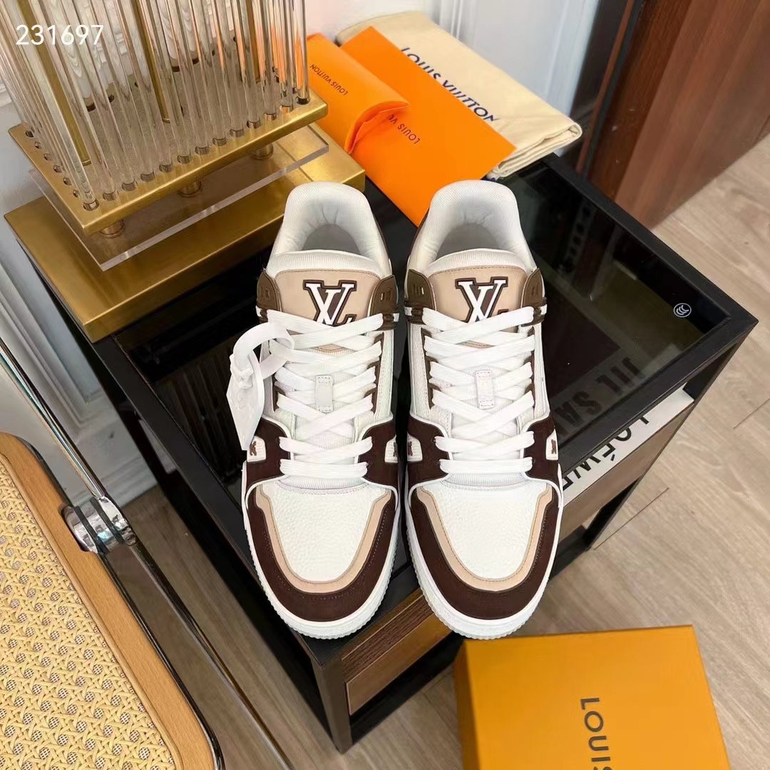Louis Vuitton Unisex LV Trainer Sneaker Moka Brown Nubuck Calf Leather Grained Calf Leather