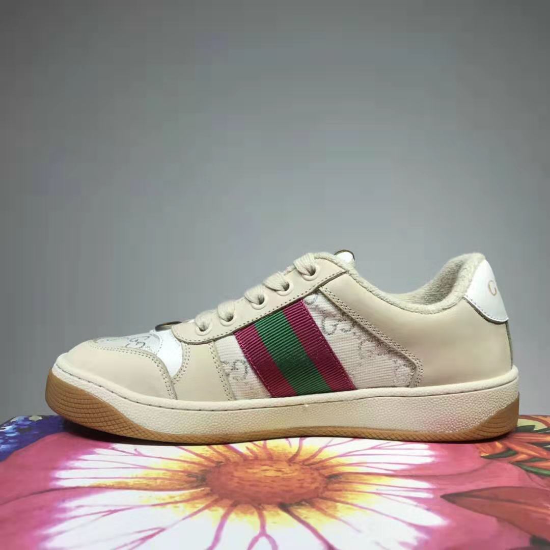 Gucci GG Unisex Screener Sneaker with Web Cream Scrap Less Leather-Beige