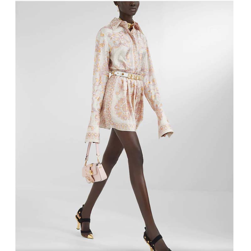 Fendi Women FF Brooch Mini Baguette Fendace Pink Leather Bag