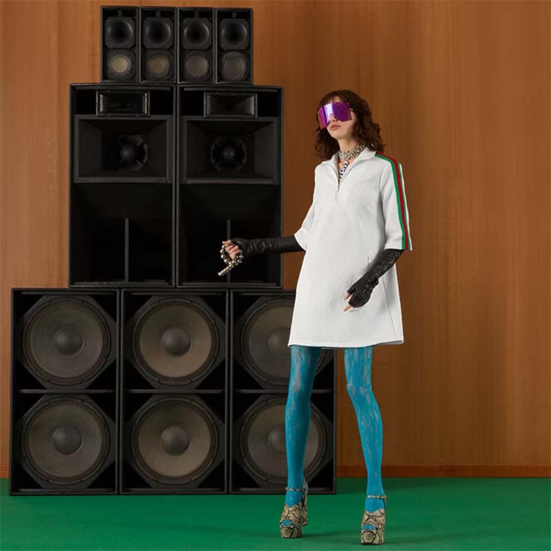 Gucci Women GG Jersey Jacquard Dress White High Neck Polyester Green Red Web