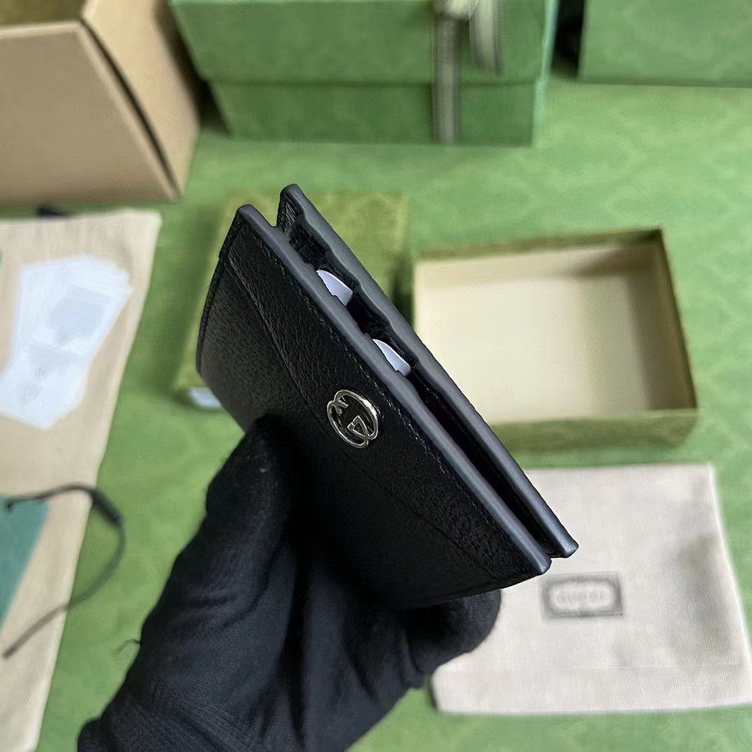 Gucci Unisex GG Wallet Interlocking G Black Leather Palladium-Toned Hardware Moiré Lining