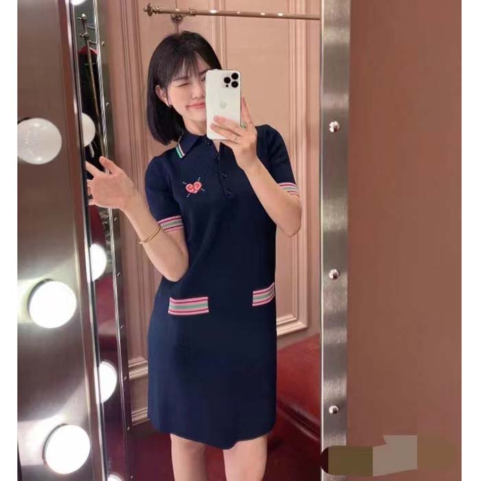 Gucci Women Fine Knit Dress Embroidery GG Heart Point Collar