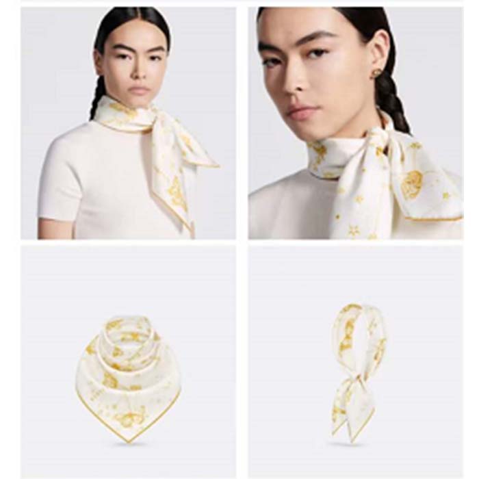 Dior Women CD Butterfly Zodiac 70 Square Scarf Ivory Gold-Tone Silk Twill