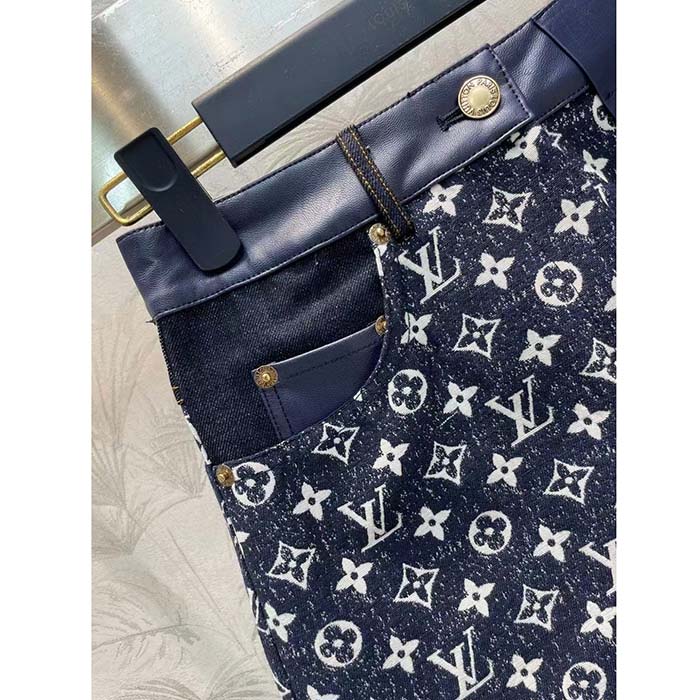 Louis Vuitton Women LV Monogram Denim Midi Skirt Cotton Navy