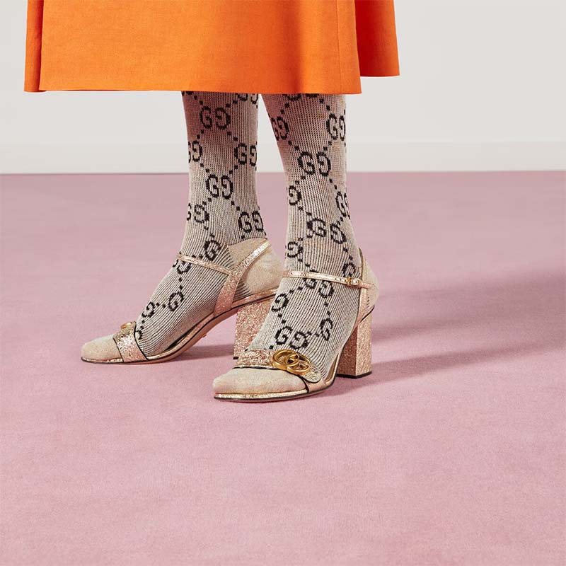 Gucci Women GG Metallic Laminate Leather Mid-Heel Sandal Double G 8 Cm Heel