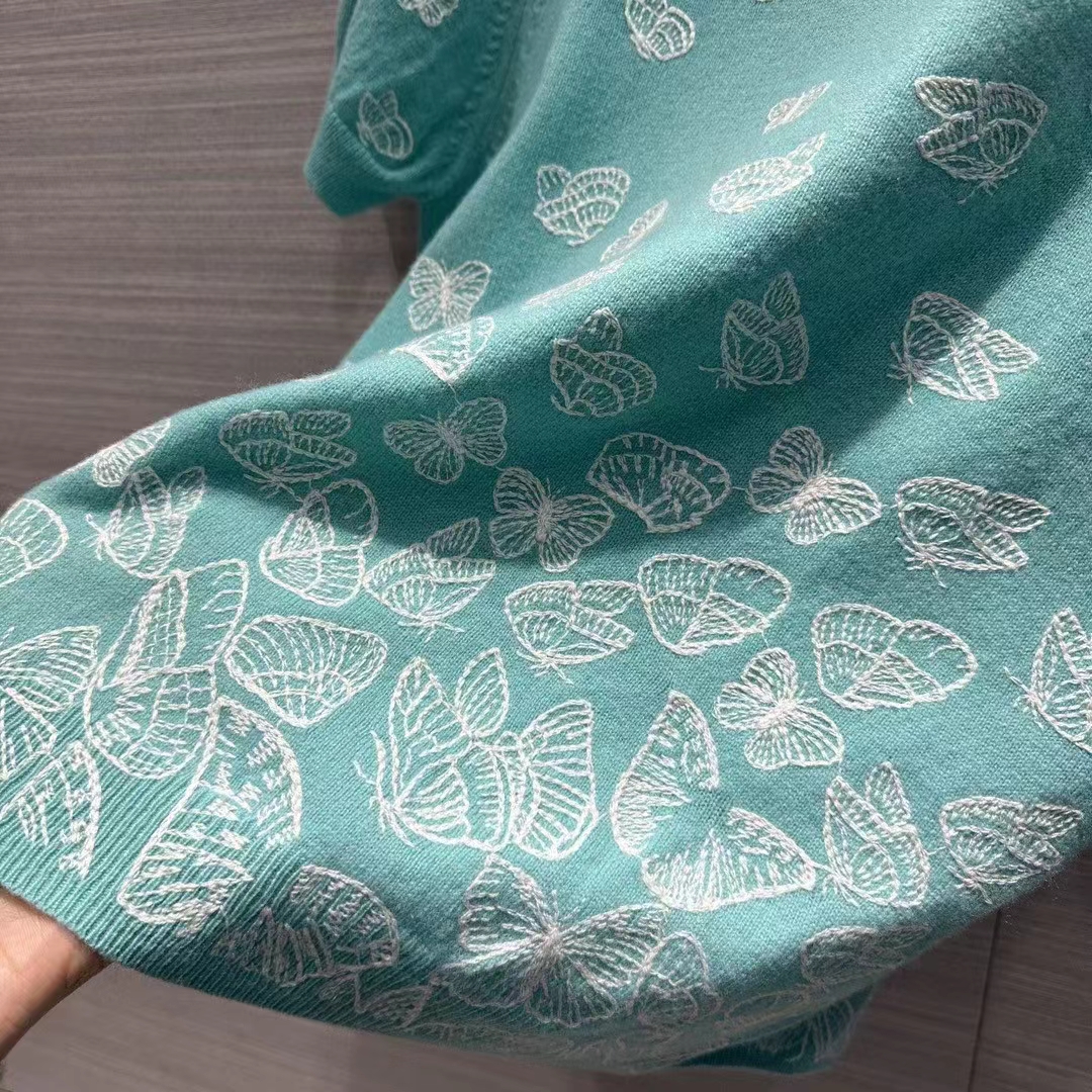 Dior Women CD Short-Sleeved Sweater Sea Green Wool Cashmere Knit Gradient Butterflies