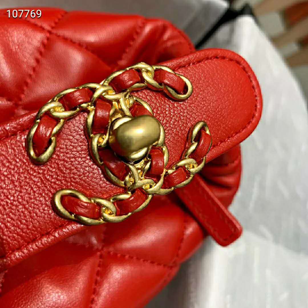 Chanel Women Hobo Bag in Lambskin Leather Gold Metal-Red