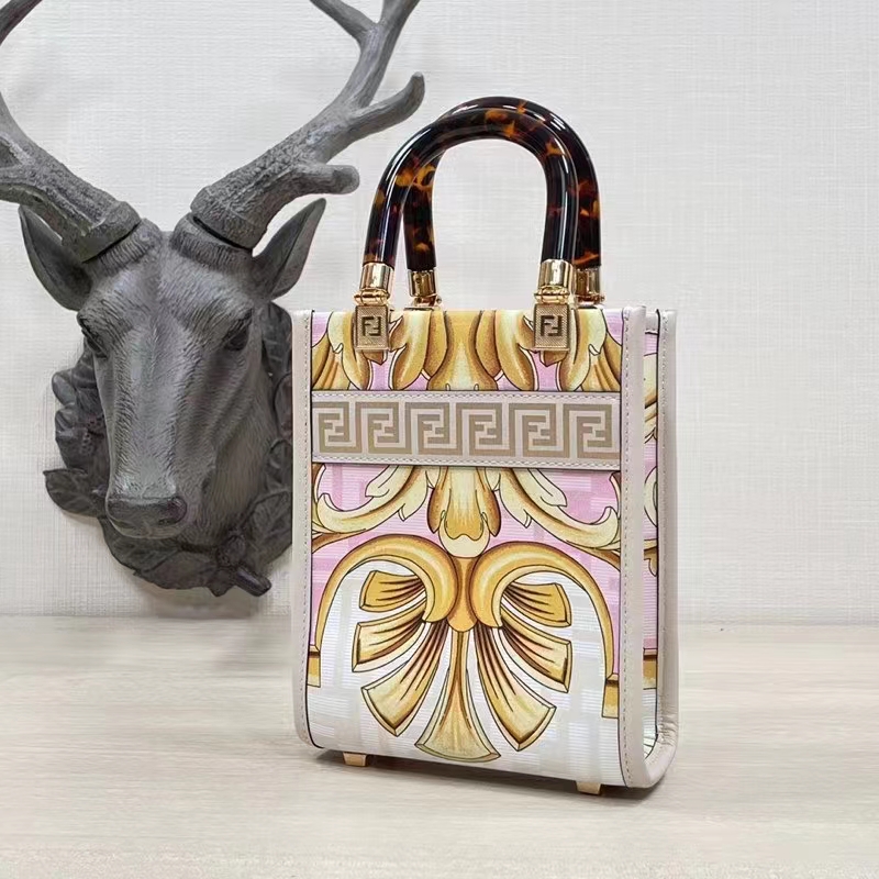 Fendi Women Mini Sunshine Shopper Fendace Printed White FF Leather Mini Bag