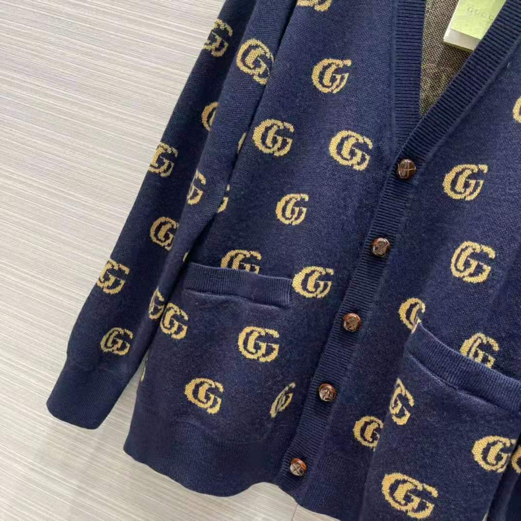 Gucci Women Double G Jacquard Wool Cardigan Front Pockets Blue and Beige