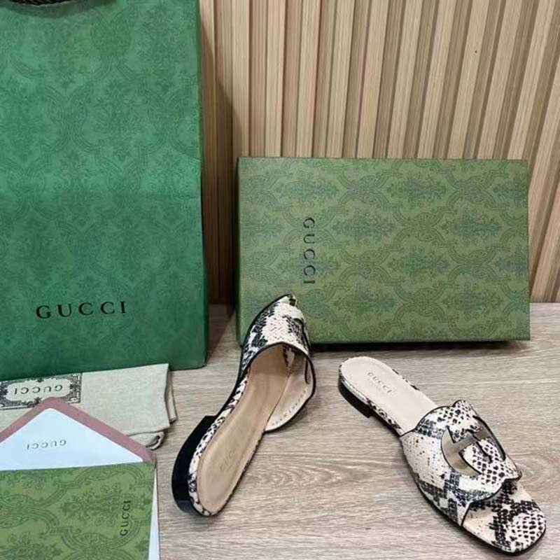 Gucci Women Interlocking G Cut Out Slide Sandal Beige Black Python Print Leather Flat