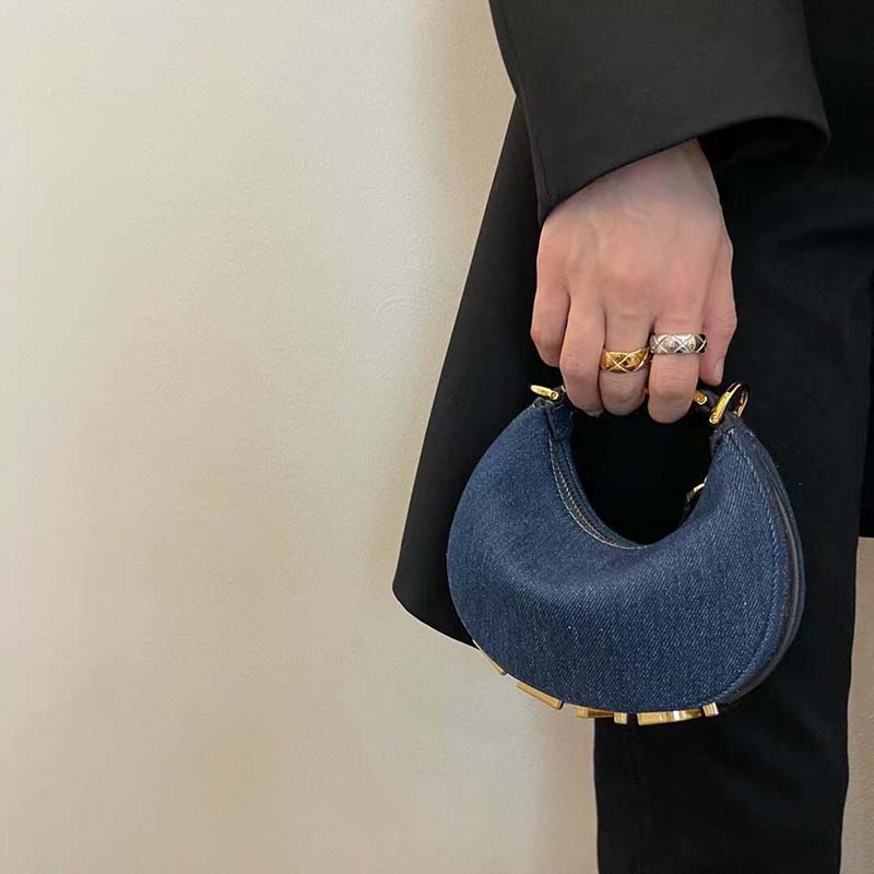 Fendi Women FF Nano Fendigraphy Hobo Bag Blue Denim Charm