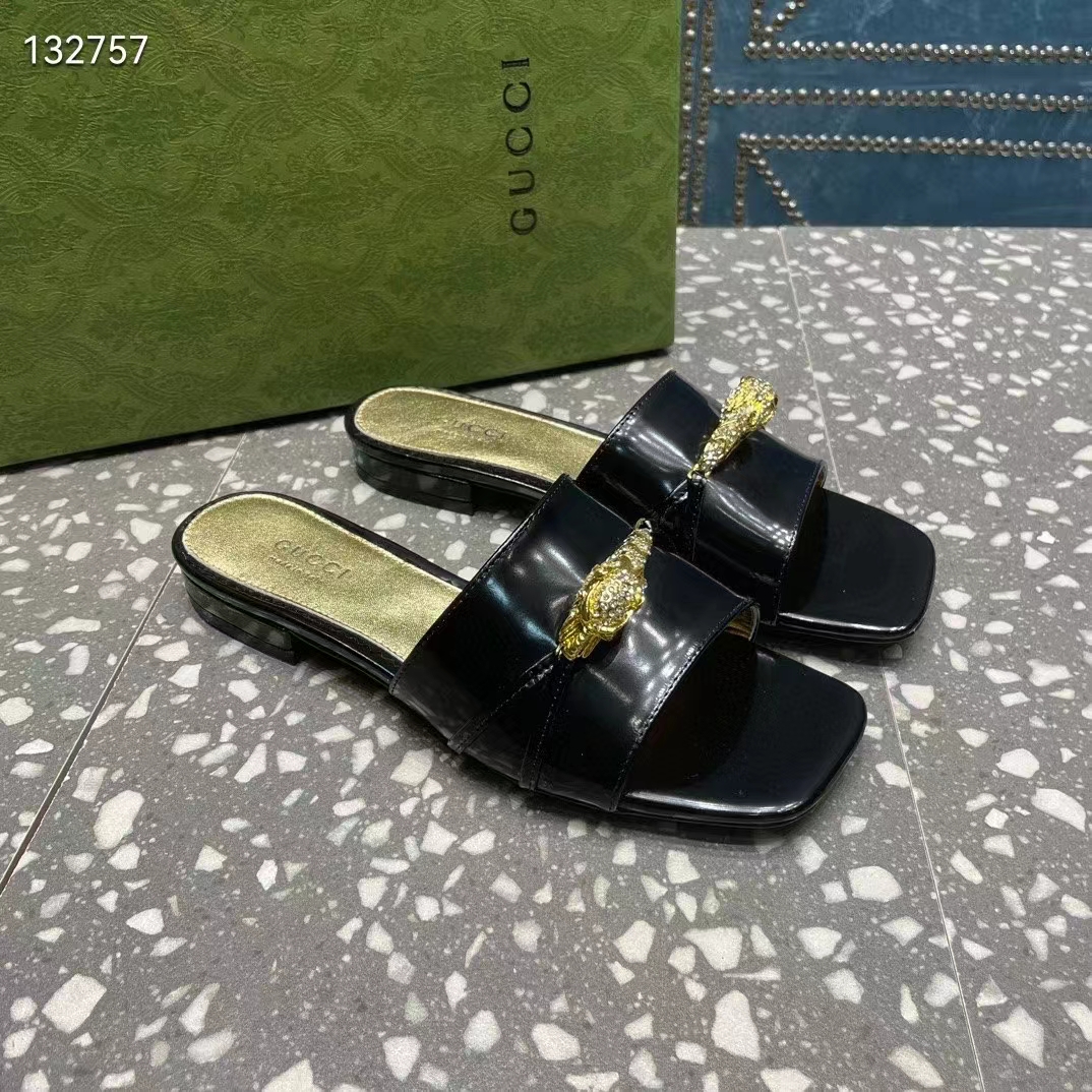 Gucci Women GG Slide Sandal Tiger Head Black Patent Leather Flat