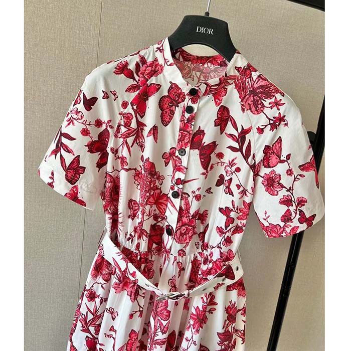 Dior Women CD Belted Shirt Dress White Cotton Silk Poplin Red Toile De Jouy Mexico Motif Reference: 417R89A3676_X3810