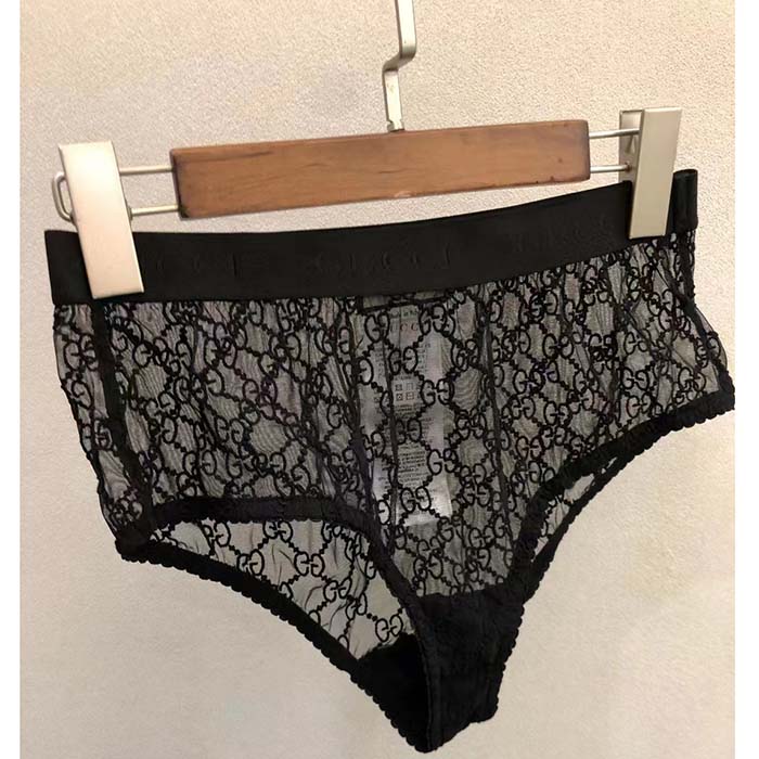 Gucci Women GG Tulle Lingerie Black Embroidered Elastic Stripe A Set Bra Briefs
