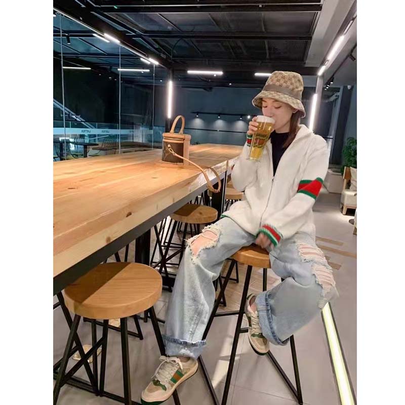 Gucci Women GG Cable Knit Bomber Jacket Off-White Cable Knit Wool