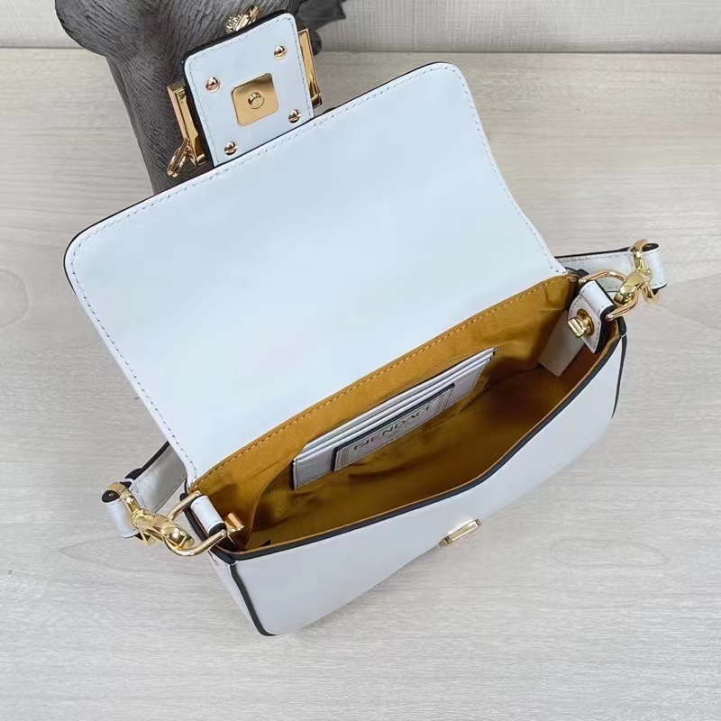 Fendi Women FF Brooch Mini Baguette Fendace White Leather Bag