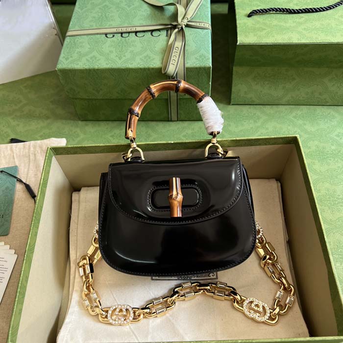 Gucci Women Bamboo 1947 Mini Top Handle Bag Black Patent Leather