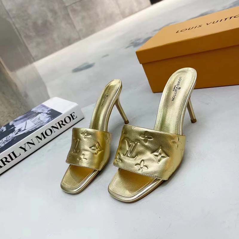 Louis Vuitton LV Women Revival Mule Gold Monogram Embossed Metallic Lambskin