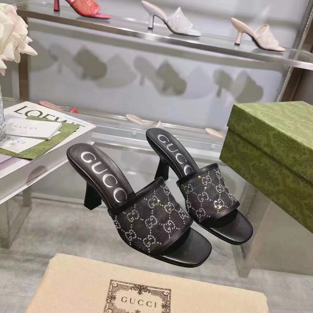 Gucci Women GG Mid Heel Slide Sandal Black GG Crystal Mesh 7.6 CM Heel