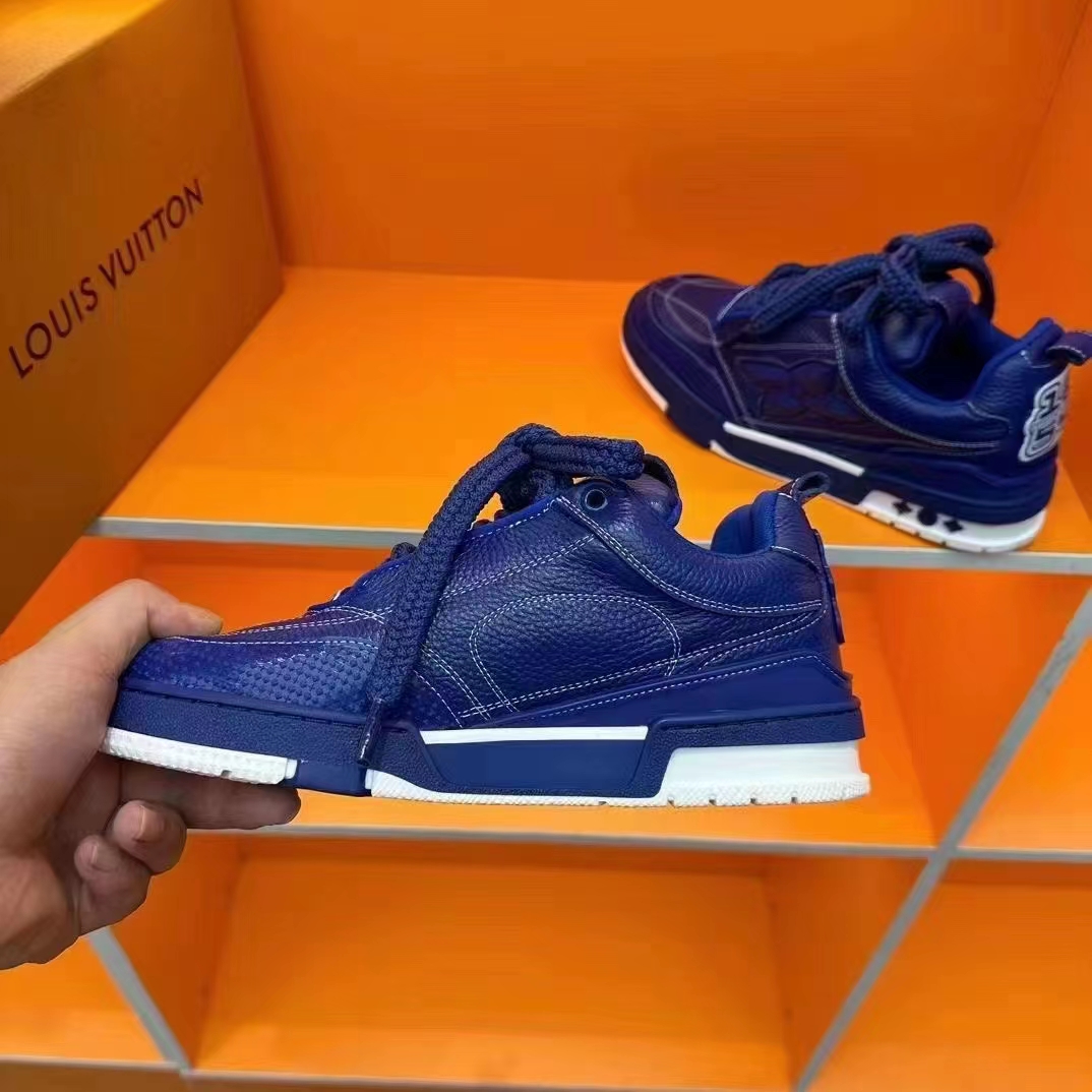 Louis Vuitton Unisex LV Skate Sneaker Blue Grained Calf Leather Double Laces Rubber Outsole