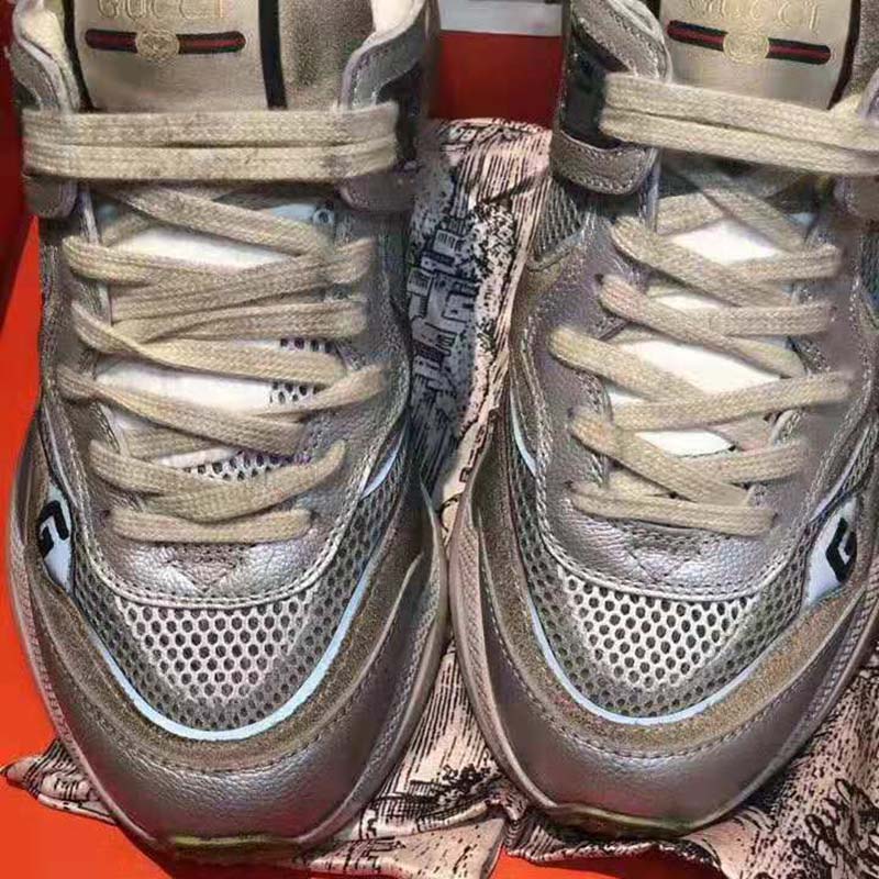 Gucci Unisex Ultrapace Sneaker with Embroidered Gucci and Interlocking G in Metallic Leather-Silver