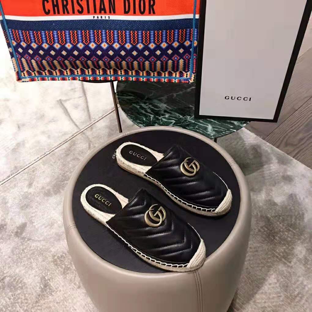 Gucci Women Leather Espadrille with Double G in 2 cm Height-Black