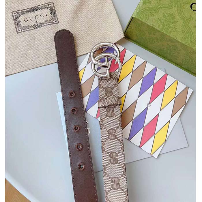 Gucci Unisex GG Marmont Reversible Belt Beige Ebony Original Canvas Double G Buckle