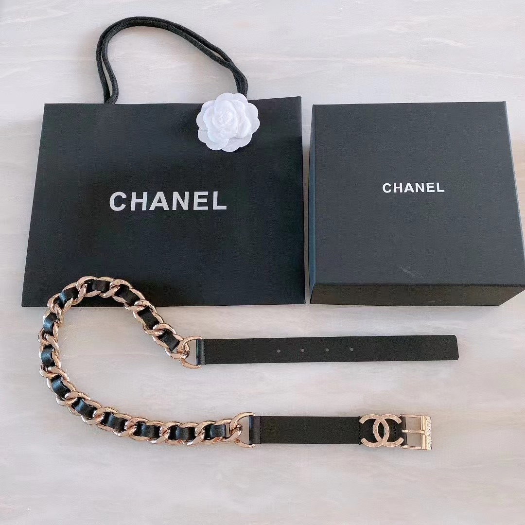 Chanel Women CC Chain Belt Calfskin Leather Gold-Tone Metal Strass Black