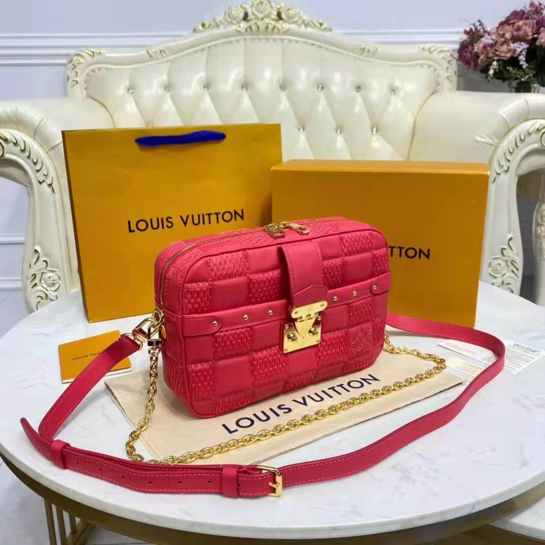 Louis Vuitton LV Women Troca PM Handbag Pink Damier Quilt Lambskin S-Lock Double Zip