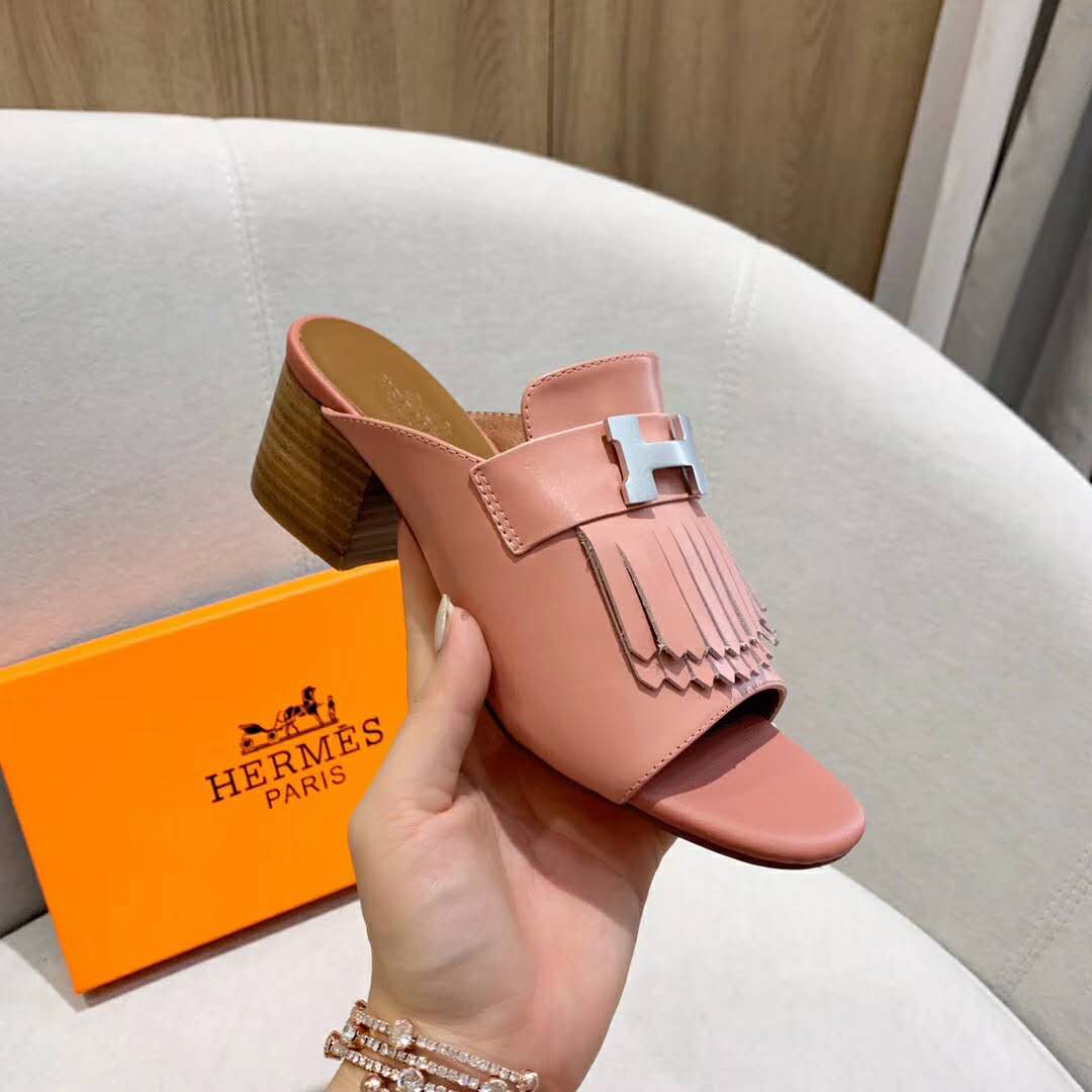 Hermes Women Alma Sandal Goatskin with Fringe Detail-Pink