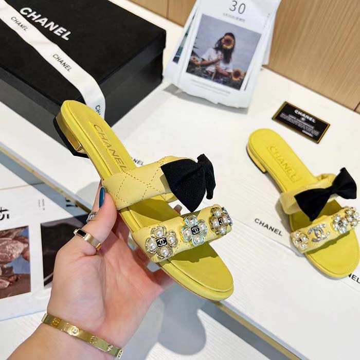 Chanel Women Mules Lambskin Yellow Black 1.5 Cm Heel