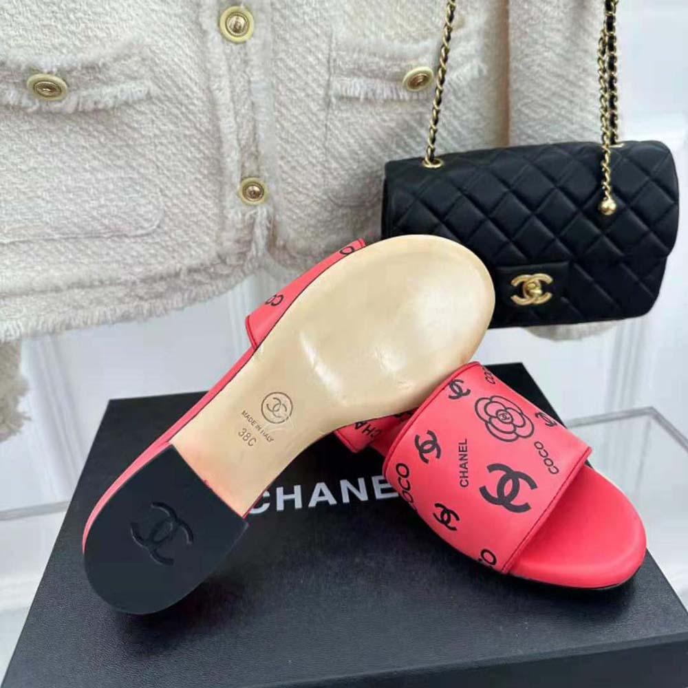 Chanel Women Mules Sandal Calfskin Leather Black Logo-Pink