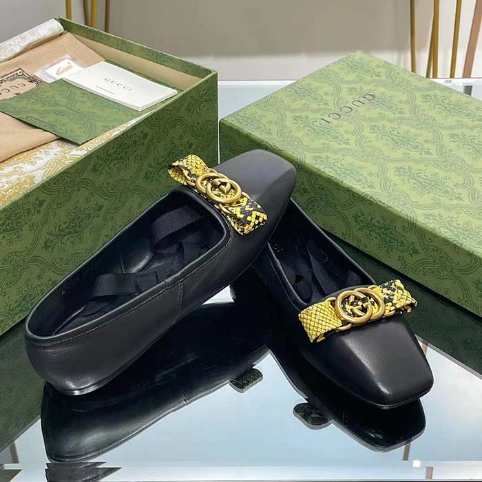 Gucci Women GG Interlocking G Ballet Flat Black Leather Python Print Leather Bow