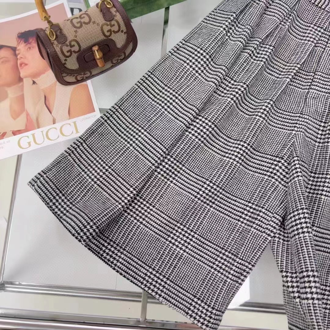 Gucci Women GG Prince Wales Check Pleated Skirt Black White Wool Button Closure