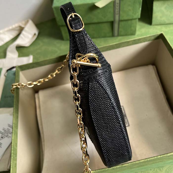 Gucci Women GG Jackie 1961 Mini Crystal GG Lizard Bag Black Mesh