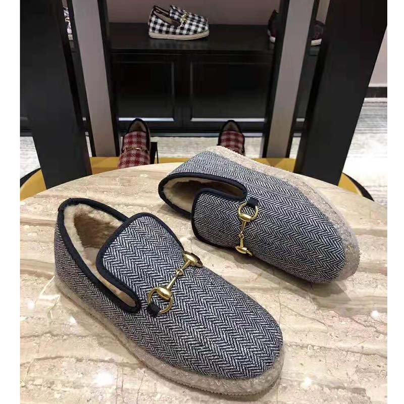 Gucci Unisex GG Herringbone Loafer in Blue and White Herringbone